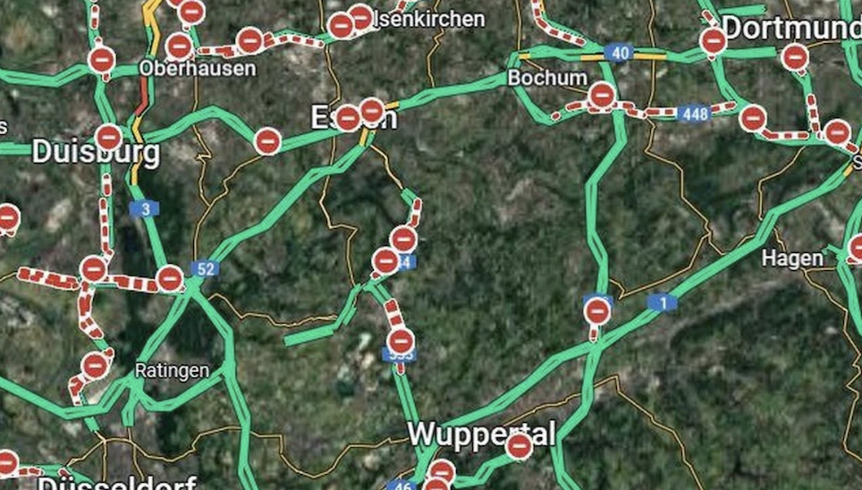 Sperrungen auf Google-Maps-Karte von NRW