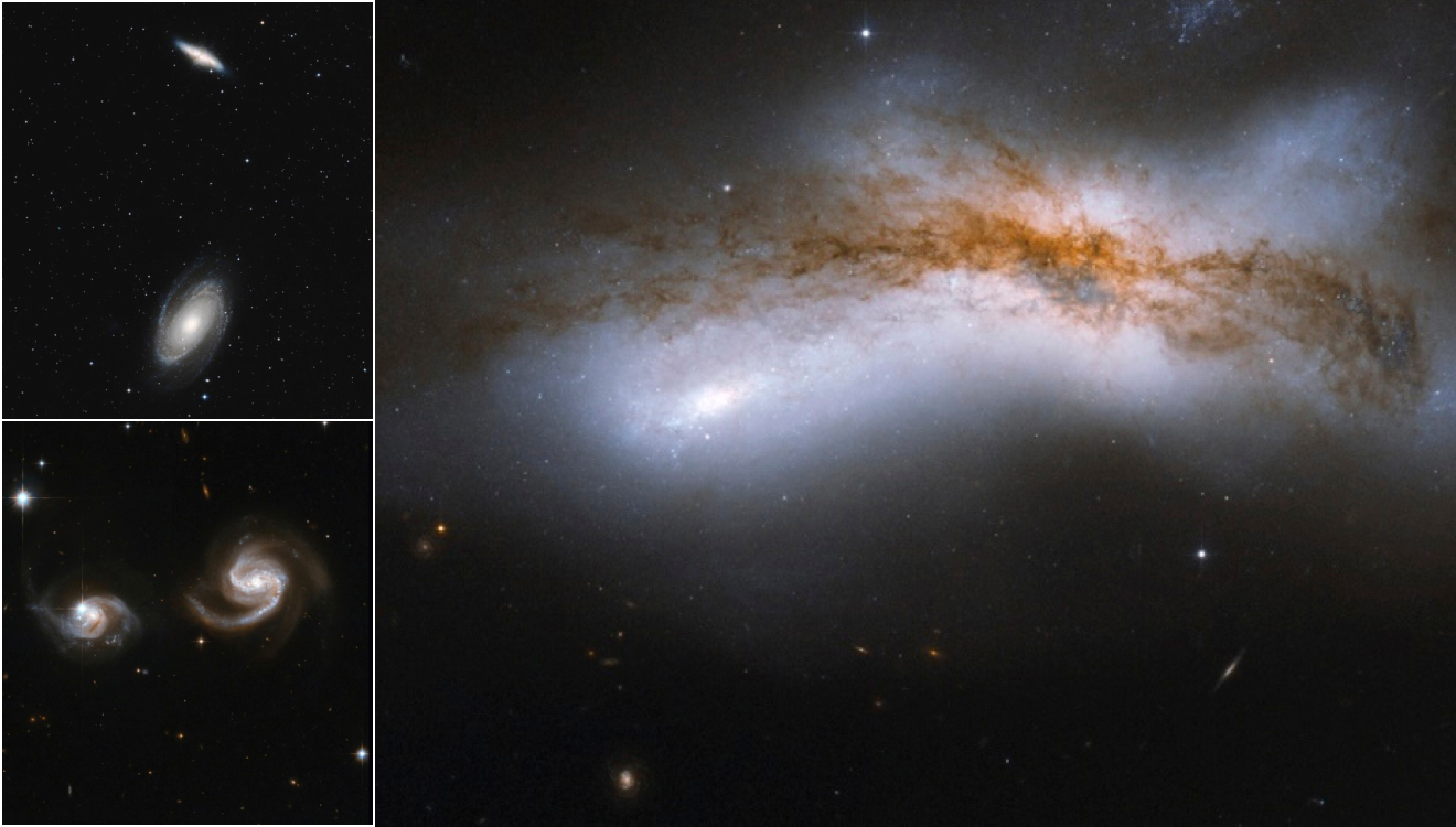 Drei Zukunftsszenarien für Milchstraße und Andromeda. Oben links: Umgehung der Galaxien (Abstand: 1 Million Lichtjahre). Unten links: Reibung bringt die Galaxien zu einer Begegnung (Abstand 500.000 Lichtjahre). Rechts: Kollision (Abstand: 100.000 Lichtjahre)